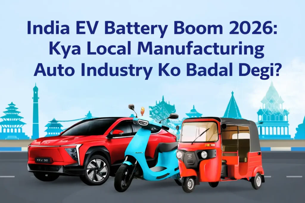 India EV Battery Boom 2026 electric car scooter auto rickshaw illustration