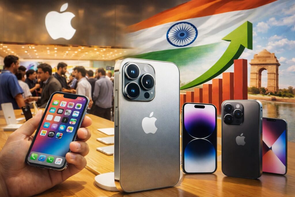 Apple iPhones with Indian flag and export growth.”