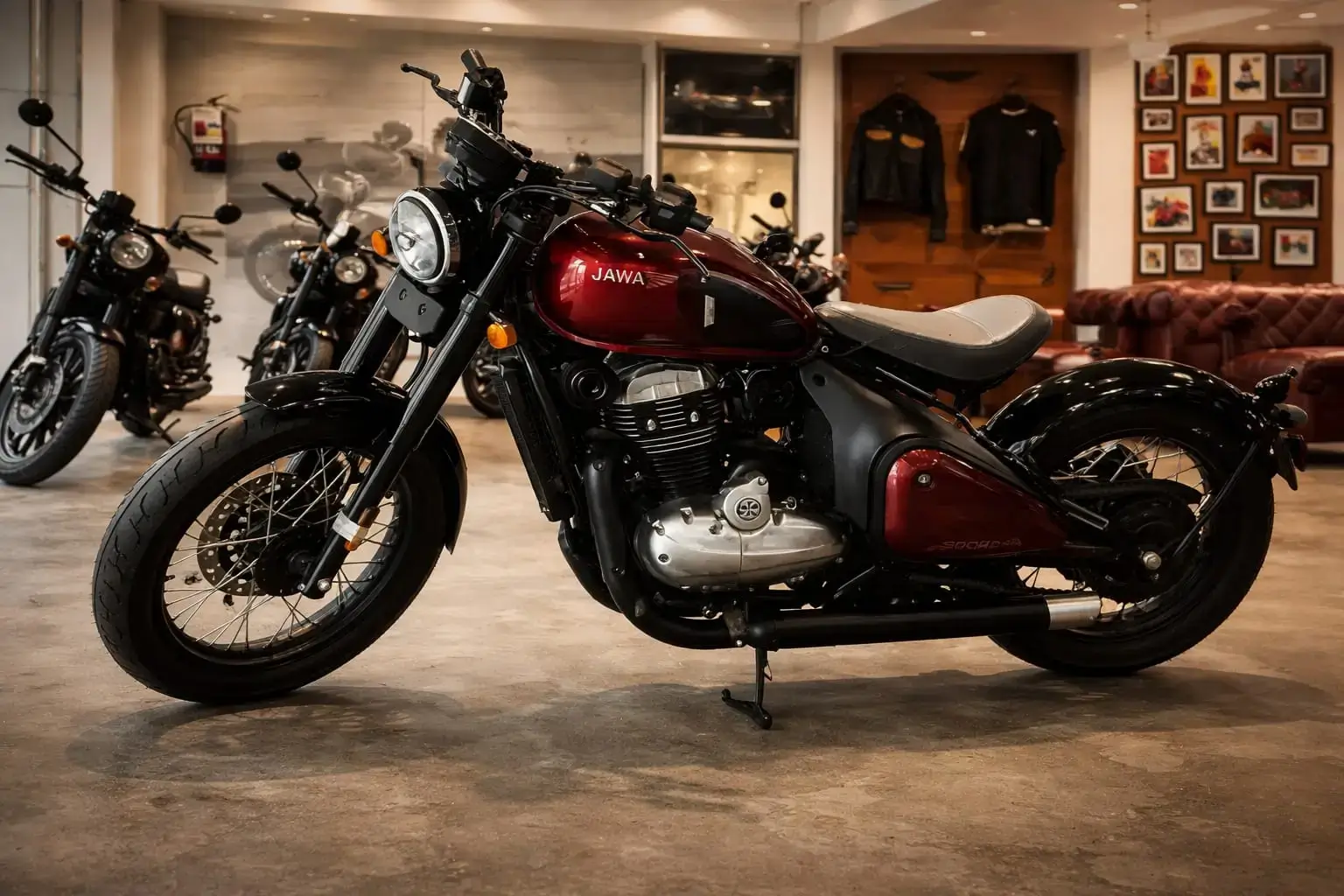 Jawa bike showroom interior with multiple bikes