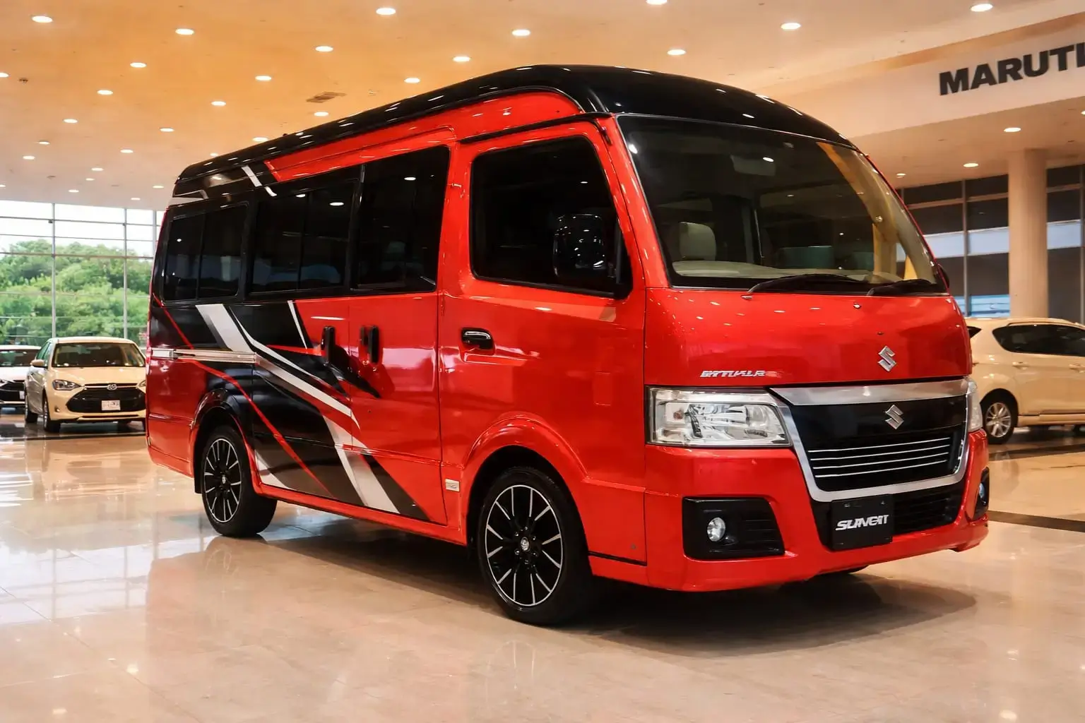 Maruti Mini Bus 2026 red bus in showroom