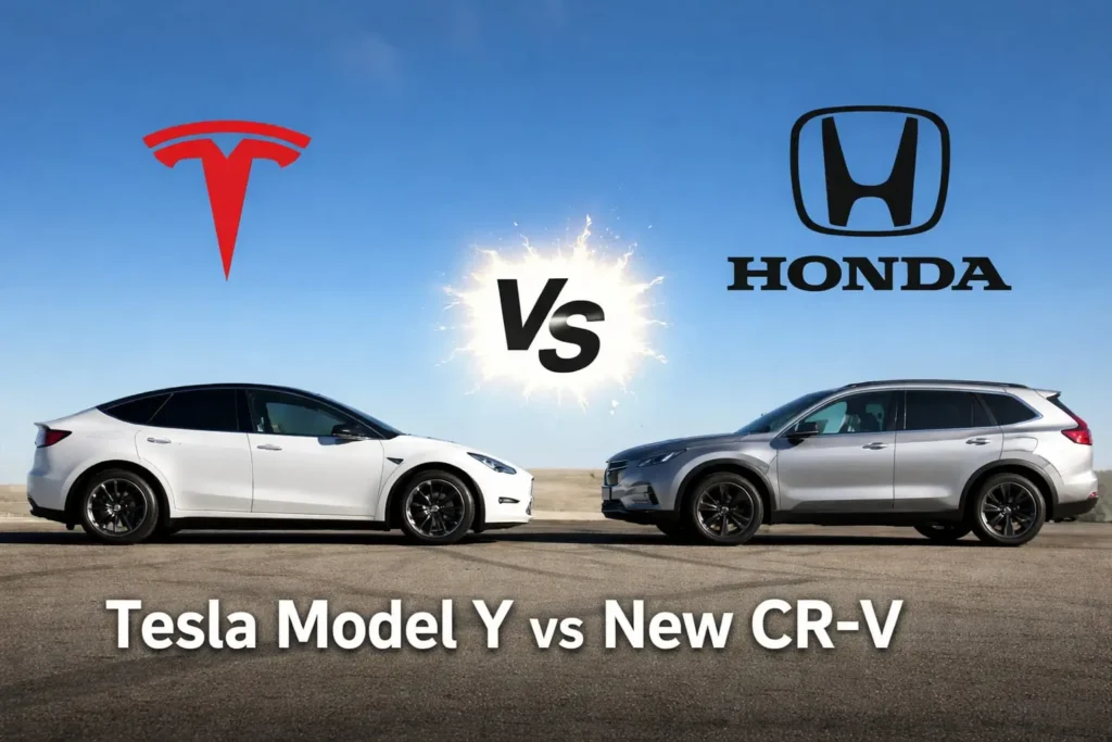Tesla Model Y vs Honda CR-V SUV side-by-side comparison with vs symbol
