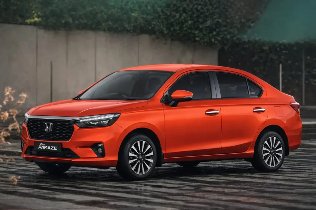 Honda Amaze ZX CVT 2026 orange sedan side view