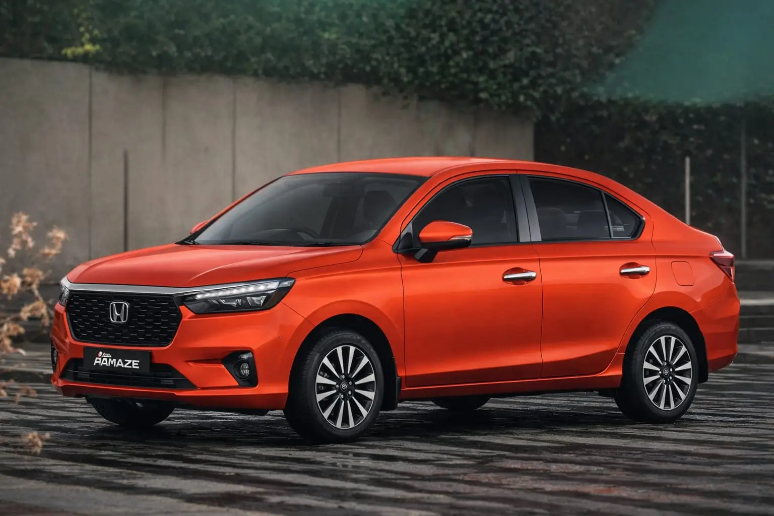 Honda Amaze ZX CVT 2026 orange sedan side view
