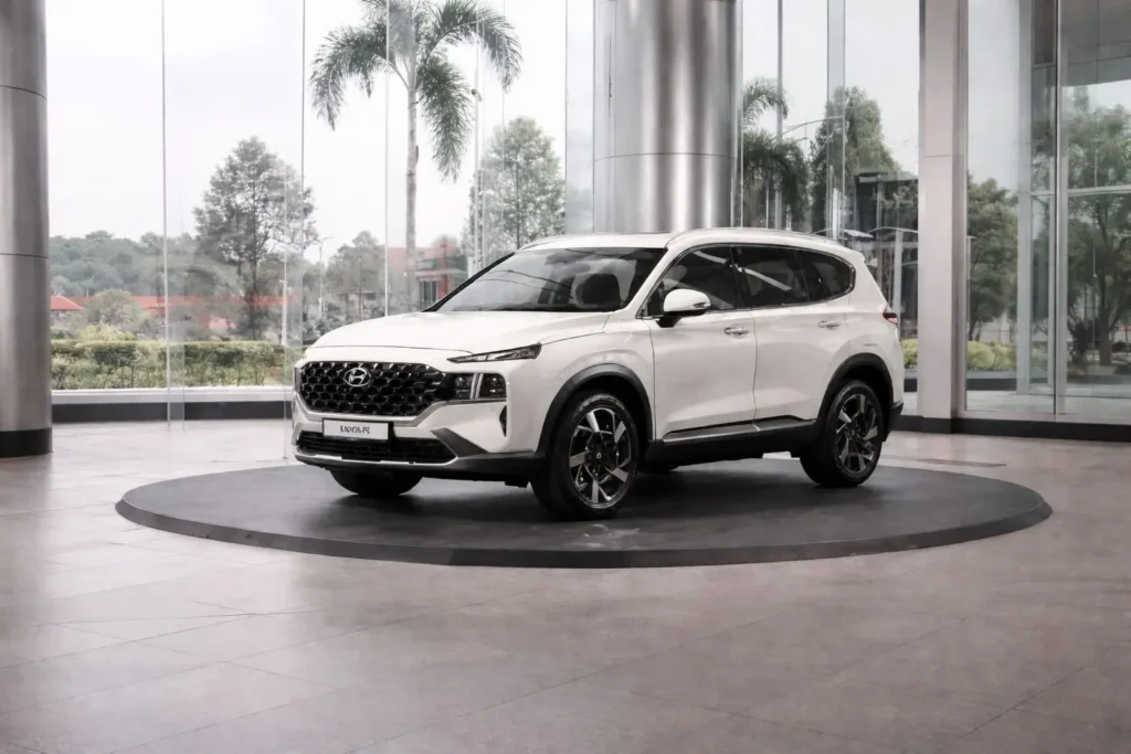Hyundai Santa Fe 2026 USA white SUV in modern showroom display