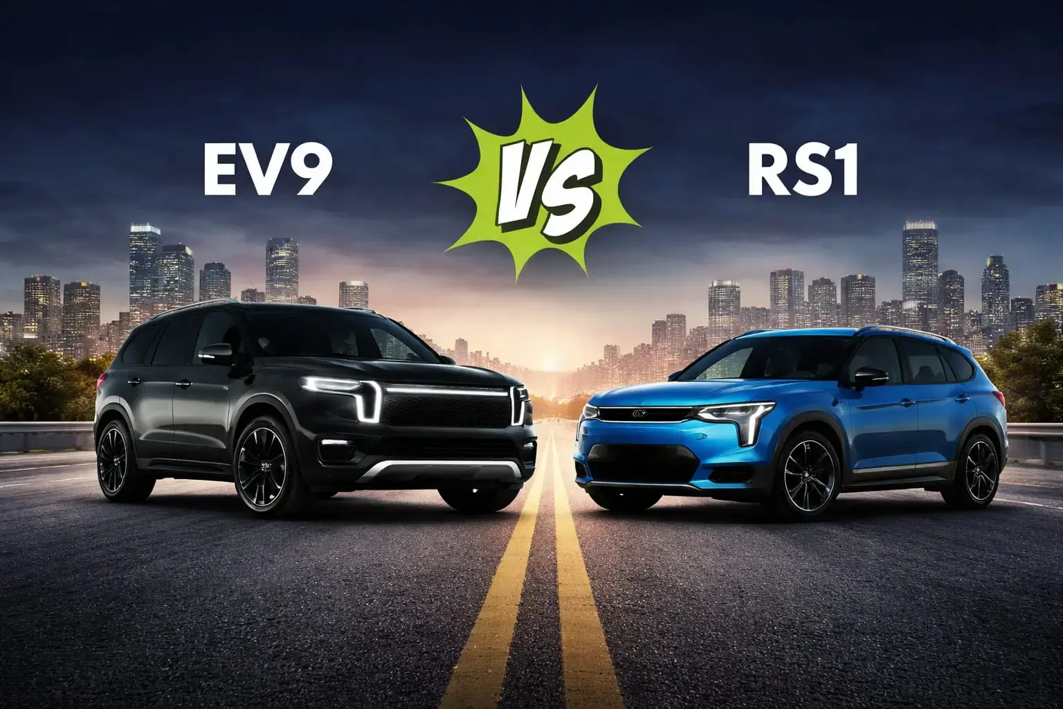 Kia EV9 vs Rivian R1S electric SUV comparison on city road