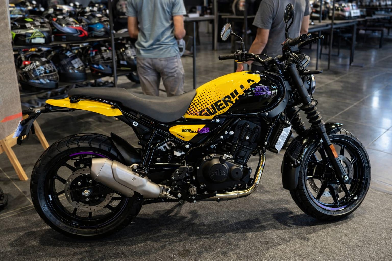 Royal Enfield Guerrilla 450 yellow bike showroom view