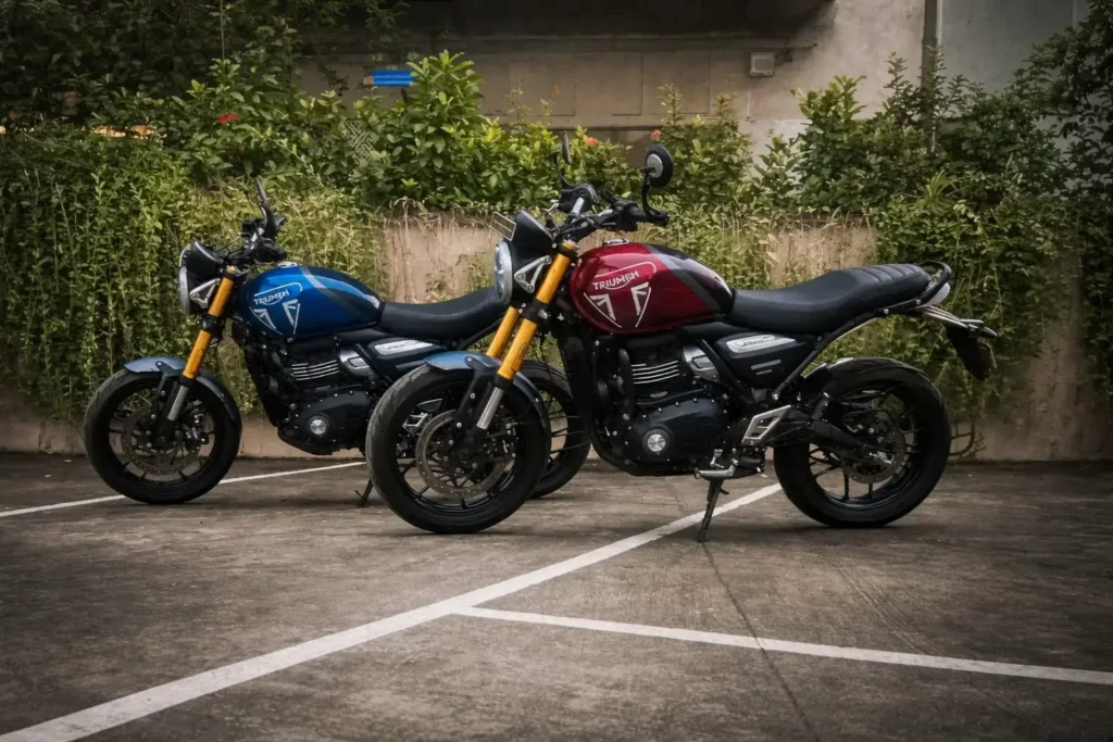 Triumph 350cc speed 400 multiple color options bikes parked outdoors