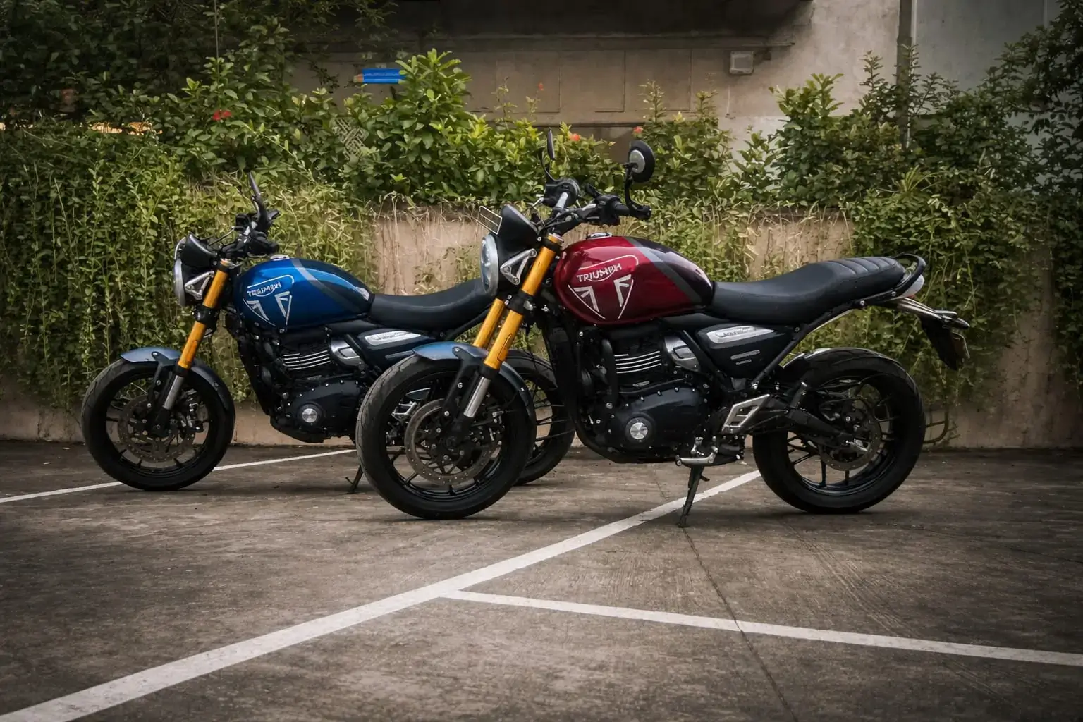 Triumph 350cc speed 400 multiple color options bikes parked outdoors