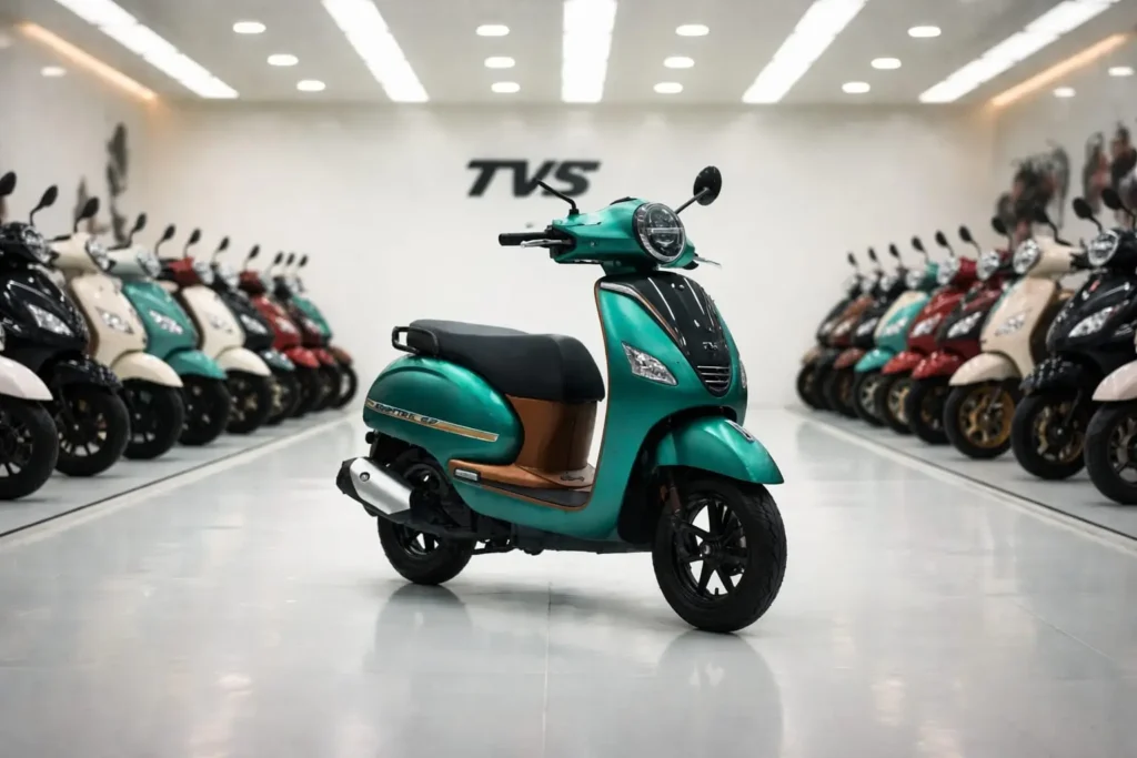 TVS Jupiter 125 2026 green scooter showroom front view