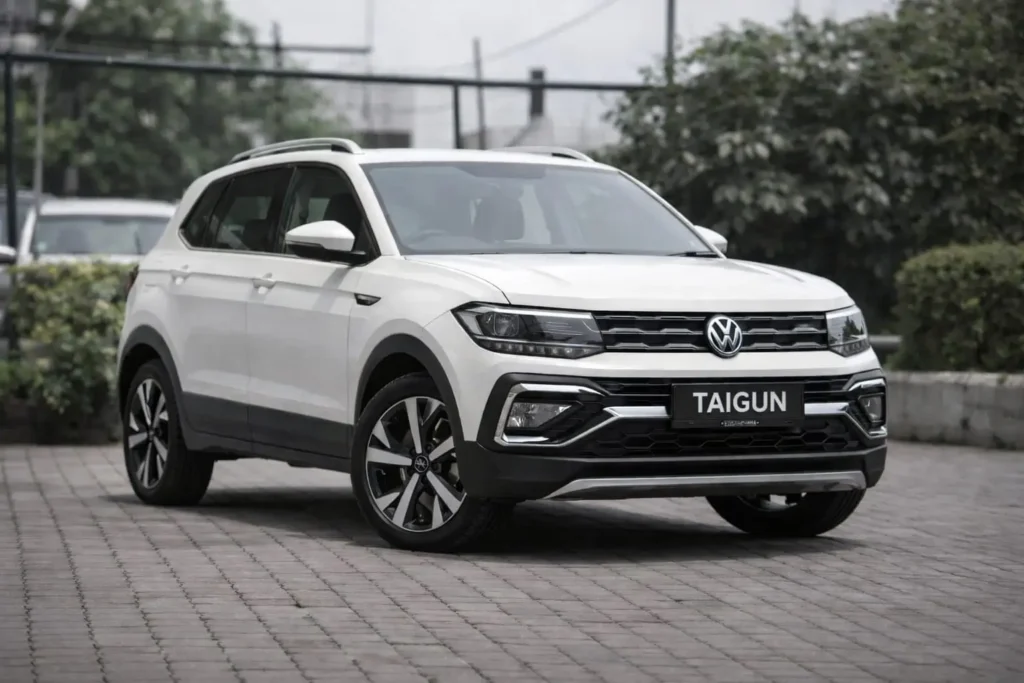 Volkswagen Taigun 2026 white with TAIGUN number plate