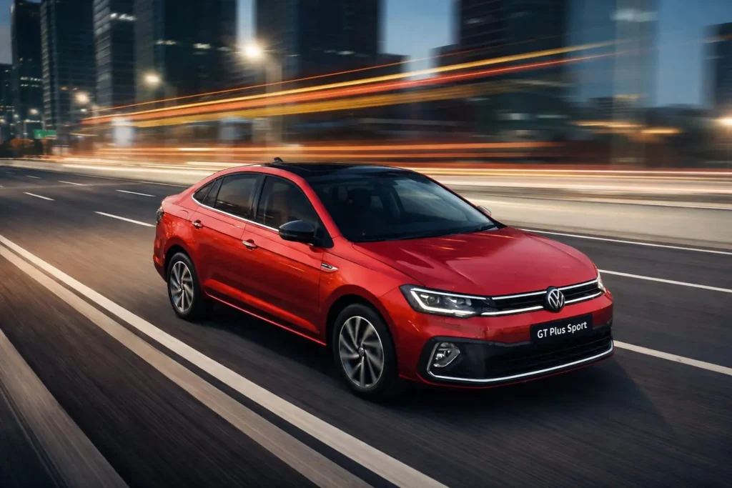 Volkswagen Virtus Gt Plus Sport Red color on city road